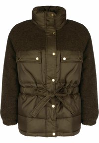 Veste rembourrée marron avec partie supérieure en fausse fourrure, fermeture éclair intégrale et fermetures à pression. Dispose d'une ceinture ajustable à la taille et de deux poches avant.