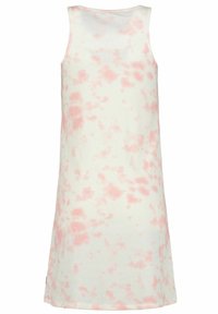 Abito canotta a coste color crema con motivi tie-dye rosa. Design senza maniche, lunghezza al ginocchio, tessuto morbido e scollo rotondo.