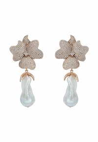 Ornate flower-shaped earrings with rose gold and diamonds, featuring large irregular white pearl drops hanging below.