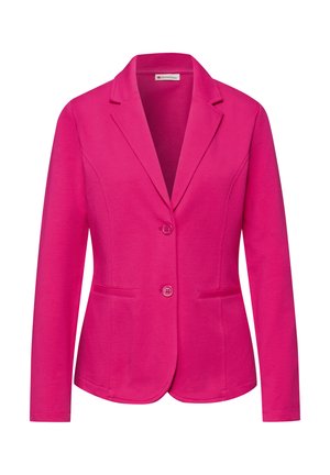 Fuchsia lyserød damesblazer med lange ærmer, hakkede revers, to knapper foran og to påsyede lommer.