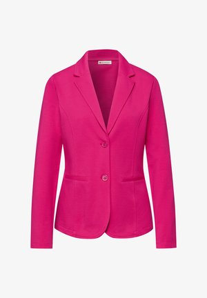 Fuchsia lyserød damesblazer med lange ærmer, hakkede revers, to knapper foran og to påsyede lommer.