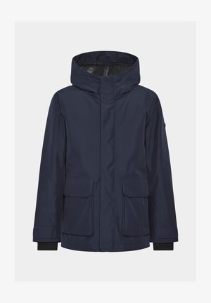 Marineblaue wasserdichte Jacke mit Kapuze, ausgestattet mit zwei großen Vordertaschen und elastischen Bündchen für einen sicheren Sitz. Texturierte Stoffdetails sichtbar.