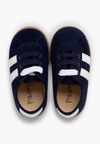 Navy blue suede shoes with white stripes, round toes, and lace-up design. Natural rubber soles. Interior features brand logo.