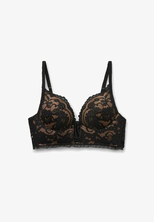 Schwarzer Spitzen-BH mit Blumenmustern, verstellbaren Trägern und gewellten Kanten auf einem nude-farbenen Mesh-Untergrund.