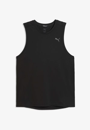 Schwarzes ärmelloses Sporttanktop aus leichtem Stoff, mit rundem Ausschnitt und dezenten Belüftungslöchern an den Seiten. Mit grauem Logo.