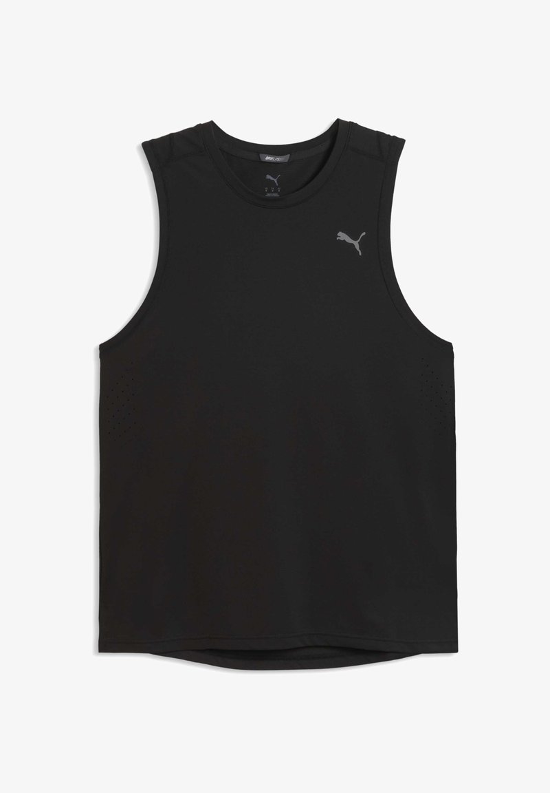 Débardeur de sport noir sans manches en tissu léger, doté d'un col rond et de discrètes ouvertures de ventilation sur les côtés. Comprend un logo gris.