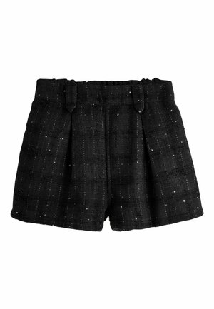 Shorts neri in tessuto effetto testurizzato con dettagli di paillettes sottili, vita elasticizzata con passanti per cintura e design a pieghe frontali.