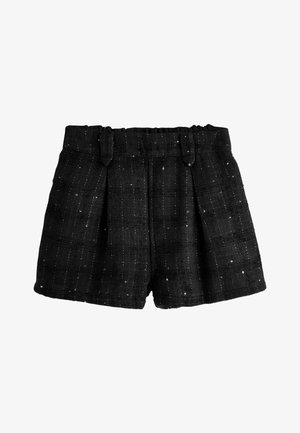 Shorts neri in tessuto effetto testurizzato con dettagli di paillettes sottili, vita elasticizzata con passanti per cintura e design a pieghe frontali.