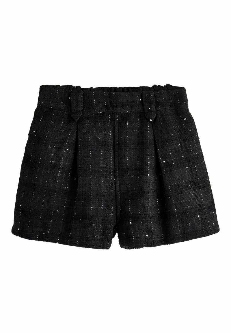 Shorts en tissu noir texturé avec des détails subtils en sequins, taille élastique avec passants de ceinture, et un design plissé à l'avant.