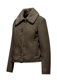 Giacca in finta pelliccia color marrone con ampio colletto, chiusura a bottoni e tasca laterale. Presenta una texture morbida e un design accorciato.