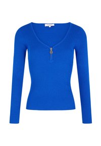 Maglietta a maniche lunghe blue a coste con scollatura a V e chiusura con zip frontale. Presenta una silhouette aderente e un tessuto strutturato.