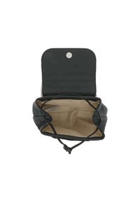 Borsa in pelle nera con una texture morbida; chiusura a coulisse e bottone a scatto, con un interno beige chiaro privo di scomparti.