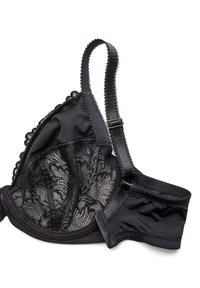 Black lace bra featuring a triangular shape, intricate lace detailing, adjustable straps, and a smooth fabric panel for comfort.