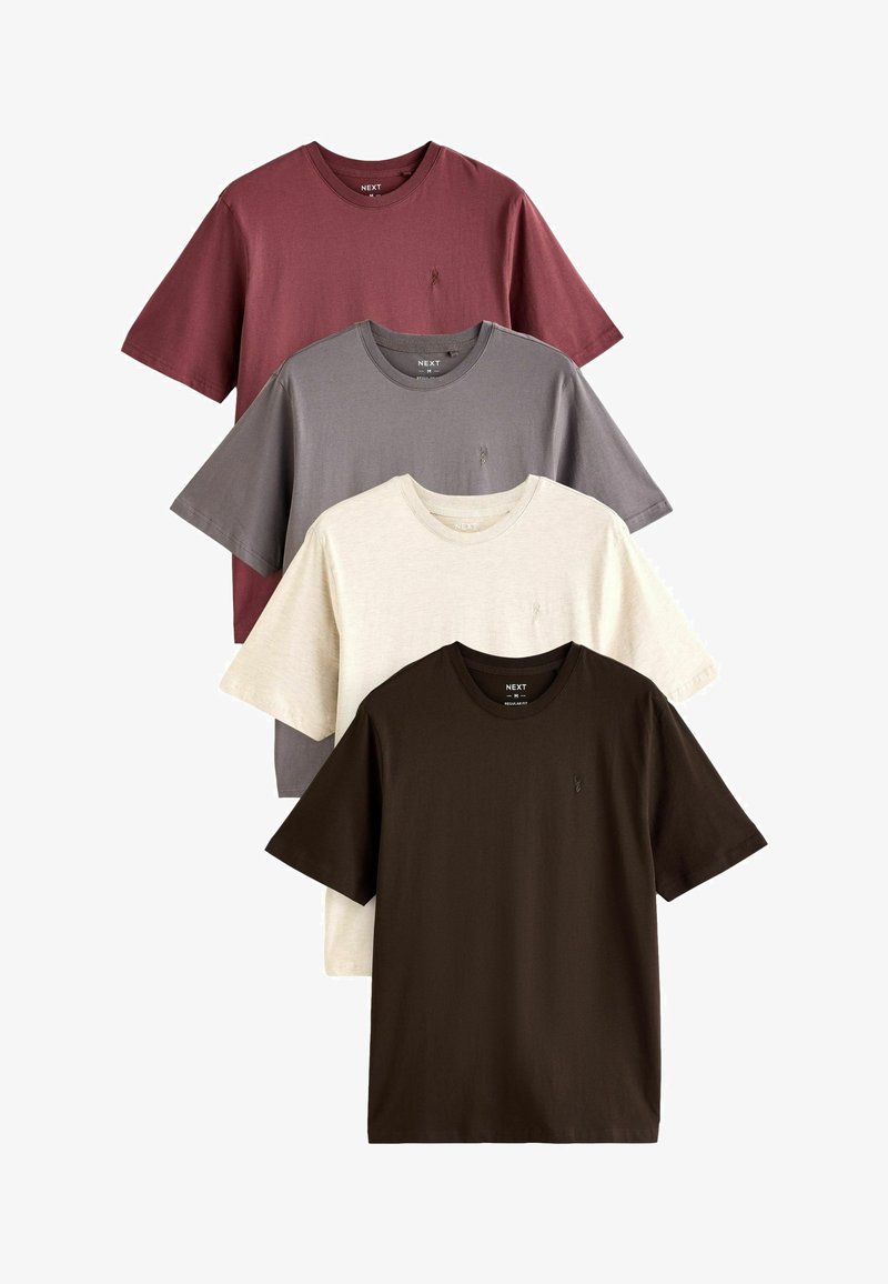 Four short-sleeve t-shirts in maroon, grey, cream, and brown. Made of cotton, featuring a subtle logo on the chest, rectangular fit.