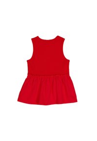 Rotes Baumwollkleid mit ärmellosem Oberteil, gerafftem Taillenbereich und schwingendem Rock. Glatte Textur, schlichtes Design, keine Muster oder Akzente.