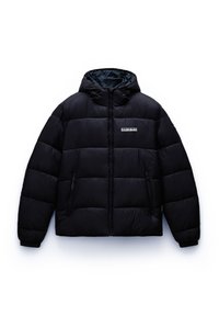 Giacca a vento nera con cappuccio, design trapuntato, zip frontale e due tasche laterali. Presenta lacci regolabili e dettagli del logo.
