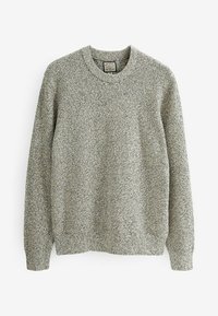 Pull à manches longues et col rond en tissu tricoté gris et blanc, avec poignets, col et ourlet côtelés, présenté sur un fond blanc.