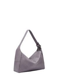 Graue Leder-Schultertasche mit geometrischem Design, glatter Textur und verstellbarem Tragegurt; verfügt über einen Reißverschluss und eine kantige Form.