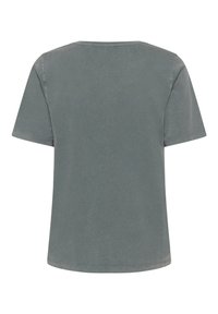 Graues kurzärmliges T-Shirt mit rundem Ausschnitt, zeichnet sich durch eine glatte Textur und eine lockere Passform aus. Keine sichtbaren Muster oder Akzente.