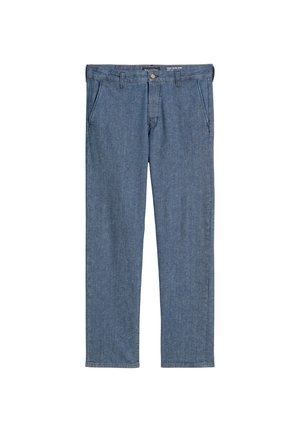 Denim jeans in medium blue, featuring a straight-leg design, front pockets, and a button closure with belt loops. Smooth texture.