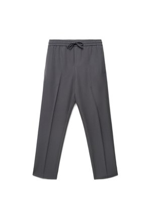 Pantaloni casual grigio scuro con vita elastica e coulisse, design a gamba dritta, senza tasche visibili, stile semplice.