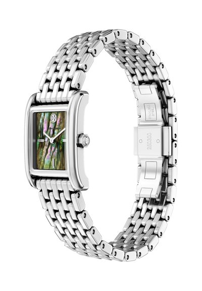 Silberne Metall-Uhr mit rechteckigem Zifferblatt, das ein Abalone-Muschel-Design zeigt, und einem Metallglied-Armband. Das Display zeigt Stunden- und Minutenzeiger.