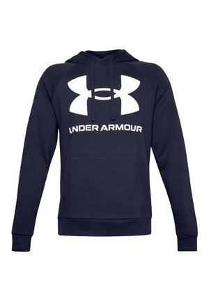 Marineblå hættetrøje med forlommer, snoretræk og stort hvidt Under Armour-logo og tekst på brystet.