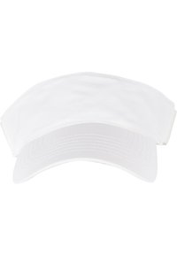 Valge visor-kork laia äärega, millel on sile tekstuur ja reguleeritav rihm taga, et see kindlalt peale sobiks.
