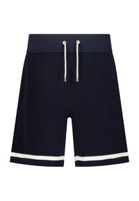 Marineblauwe badstof shorts met een elastische tailleband, witte trekkoorden en een contrasterende witte streep aan de zoom.