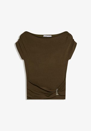 Dark olive green short-sleeve blouse with boat neckline and gathered side detail fastened by a small silver clasp.