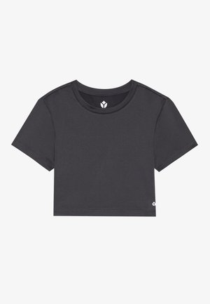 Short-sleeve crop top in dark gray fabric, featuring a round neckline, straight hem, and a small logo tag on the left side.