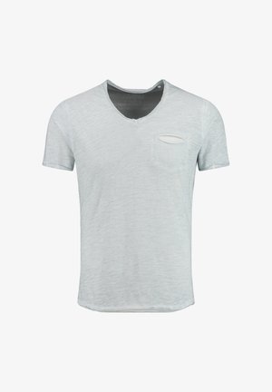 Lichtgrijs T-shirt met korte mouwen, een V-hals en een klein voorvakje. Zachte textuur met een subtiel gemêleerd patroon. Normale pasvorm.