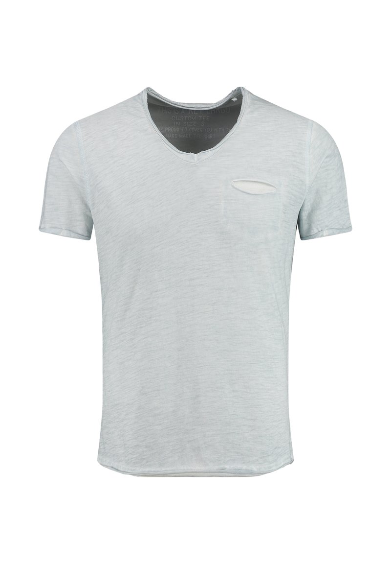 Helles graues Kurzarm-T-Shirt mit V-Ausschnitt und kleiner Brusttasche. Weiche Textur mit dezenter Melange-Optik. Reguläre Passform.