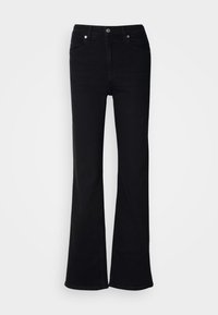 Jean noir taille haute avec une coupe évasée au niveau des jambes et des poches avant, présenté sur un fond clair uni.