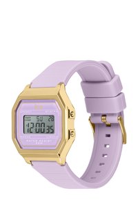 Montre numérique avec un bracelet en silicone lavande et un boîtier rectangulaire doré. Affiche l'heure et dispose de boutons de fonction, étanche jusqu'à 30 m.