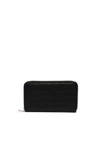 Black leather wallet featuring a textured design with embossed letters. It has a zip closure and a rectangular shape. Smooth finish.