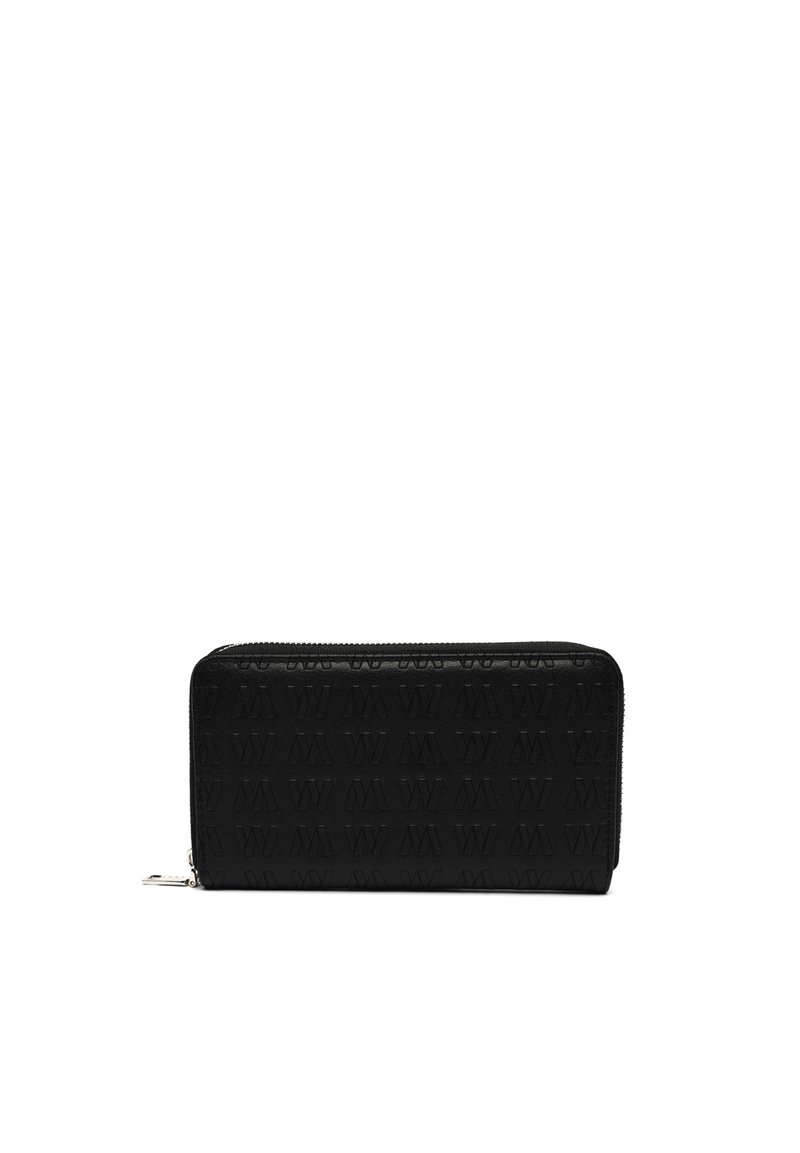Black leather wallet featuring a textured design with embossed letters. It has a zip closure and a rectangular shape. Smooth finish.