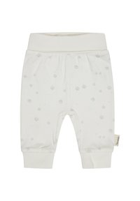 White baby pants with gray paw print pattern, ribbed waistband and cuffs, and a small fabric brand tag on the side.