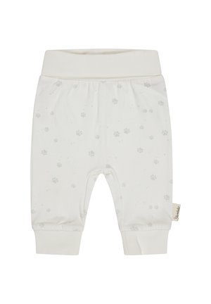 Weiße Babypants mit grauem Pfotenprint-Muster, geripptem Bund und Bündchen sowie einem kleinen Stoff-Label an der Seite.