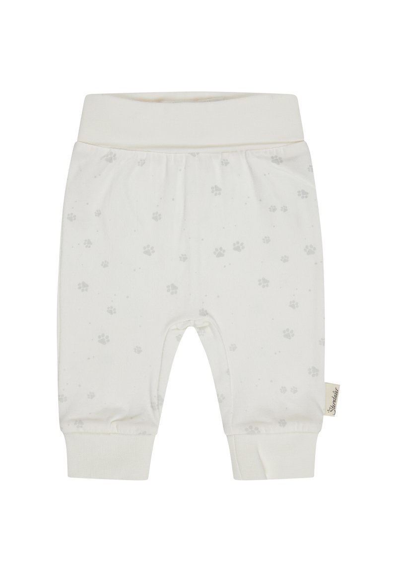 White baby pants with gray paw print pattern, ribbed waistband and cuffs, and a small fabric brand tag on the side.