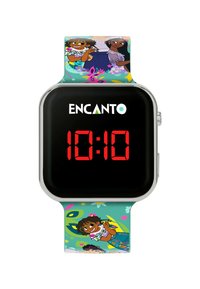 Orologio digitale con cassa argentata, display nero che mostra l'ora e un cinturino multicolore con personaggi animati e motivi floreali.