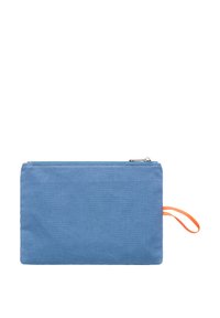 Blå tygpåse med dragkedja, försedd med ett orange hanteringsband på ena sidan. Slät yta och enkel rektangulär design.