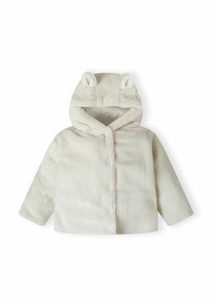 Veste pour bébé en peluche blanche avec capuche, fermeture à boutons et petites oreilles en tissu sur la capuche, présentée sur un fond blanc.