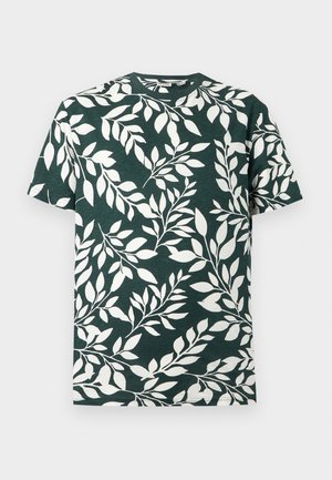 Σκούρο πράσινο κοντομάνικο Τ-shirt με ολόκληρο μοτίβο λευκών φυλλωτών κλαδιών.