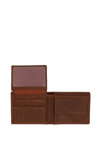 Portefeuille bifold en cuir marron ouvert, montrant plusieurs emplacements pour cartes, un rabat transparent pour pièce d'identité et une poche à pièces sur fond blanc.