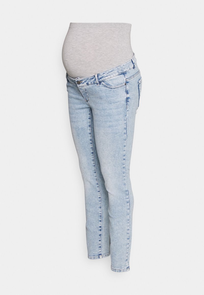 Jeans de maternidade azul claro com um cós cinza elástico, design justo e estilo tradicional de cinco bolsos.