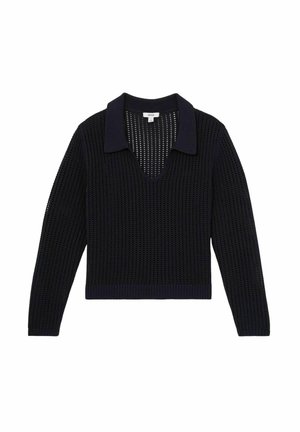 Navy blue, long-sleeve knit sweater with a V-neck and collared design. Features an open, textured weave and a ribbed hem and cuffs.