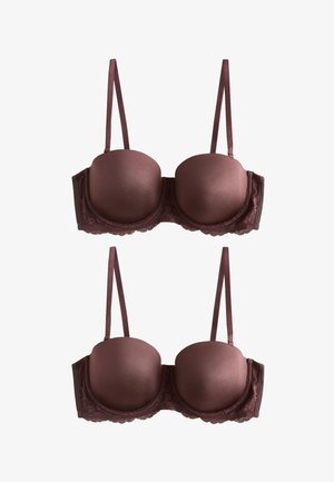 Due reggiseni imbottiti marroni identici con spalline regolabili e bordo in pizzo sulla fascia, mostrati su sfondo bianco.