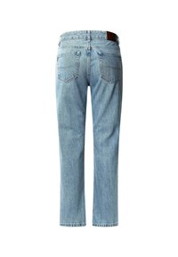 Light blue denim jeans with a straight-leg cut, featuring two back pockets and a brown leather patch at the waistband.