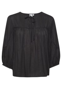 Blusa nera con scollatura rotonda, lacci regolabili e maniche lunghe a sbuffo. Presenta un motivo a strisce verticali testurizzate. Tessuto leggero.